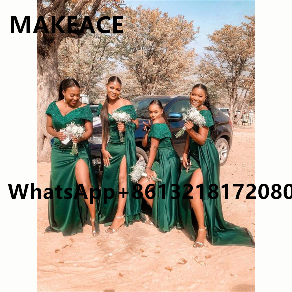 녹색 인어 Bridesmiad 드레스 2022 아프리카 여자 오프 어깨 사이드 분할 탑 레이스 댄스 파티 드레스 정장 여자 웨딩 파티 드레스